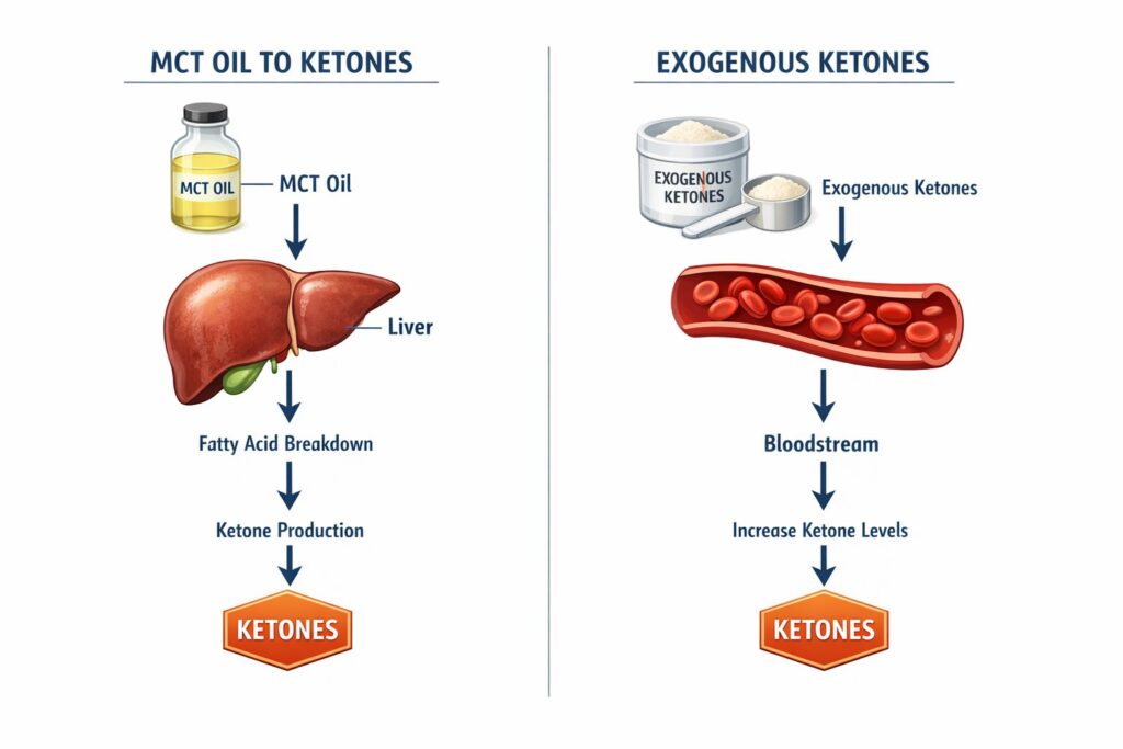 Detailed infographic-style image showing liver converting MCT oil into ketones on one side and bloodstream receiving exogenous ketones directly on the other, labeled arrows illustrating metabolic pathways, clean medical illustration style, white background, clear and educational