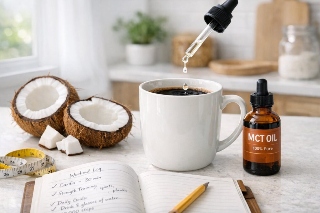 “Bright kitchen scene with coffee mug being prepared with MCT oil, coconut halves nearby, fitness journal and measuring tape on the counter, natural lighting, realistic lifestyle photography, health-focused aesthetic