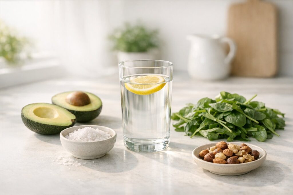 Hydration and electrolyte-rich keto foods supporting adaptation.