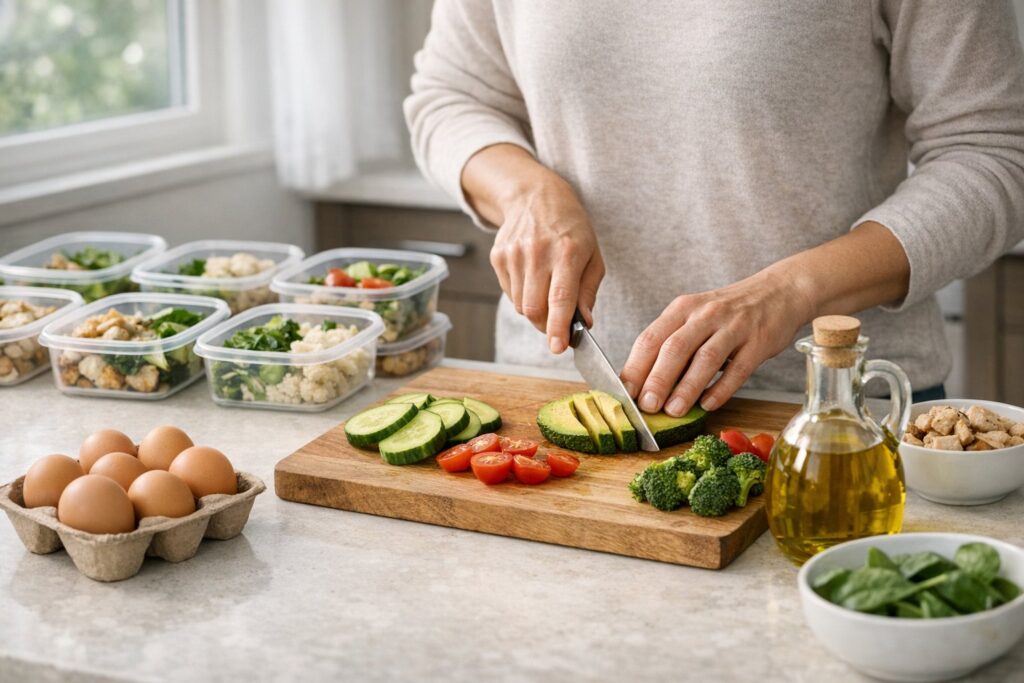 A person calmly preparing simple keto meals in a modern home kitchen, cutting avocado and vegetables beside eggs and olive oil, organized meal prep containers visible, clean and structured environment, natural daylight, realistic lifestyle photography, focus on routine and preparation rather than dieting.