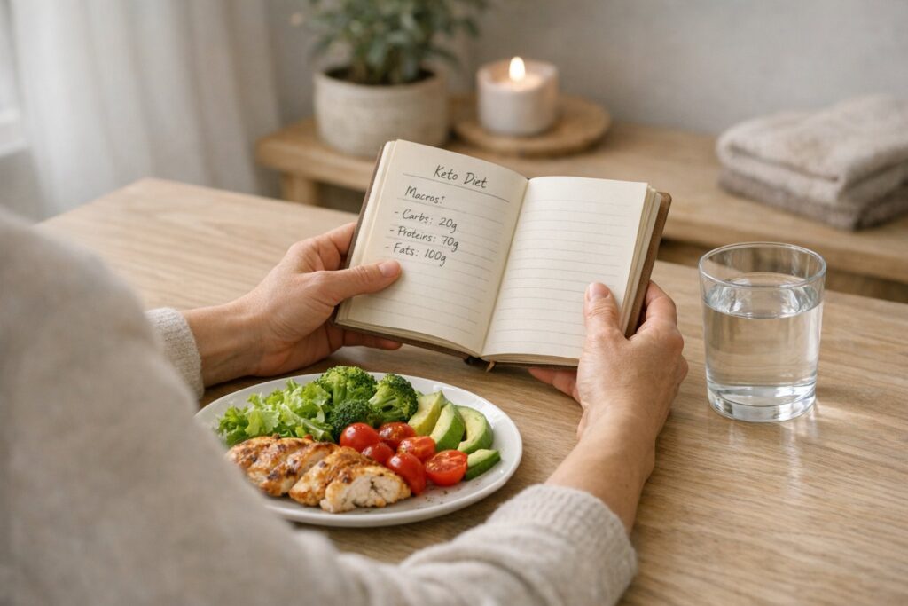 A person seated at a table reviewing a small health journal or notebook with a glass of water and simple keto meal nearby, soft natural lighting, calm reflective atmosphere, home wellness setting.