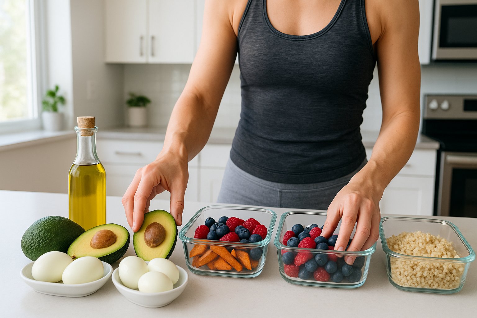 A fit person meal prepping with both keto foods (avocados, eggs, olive oil) and clean carbs (sweet potatoes, berries, quinoa) on a modern kitchen counter.