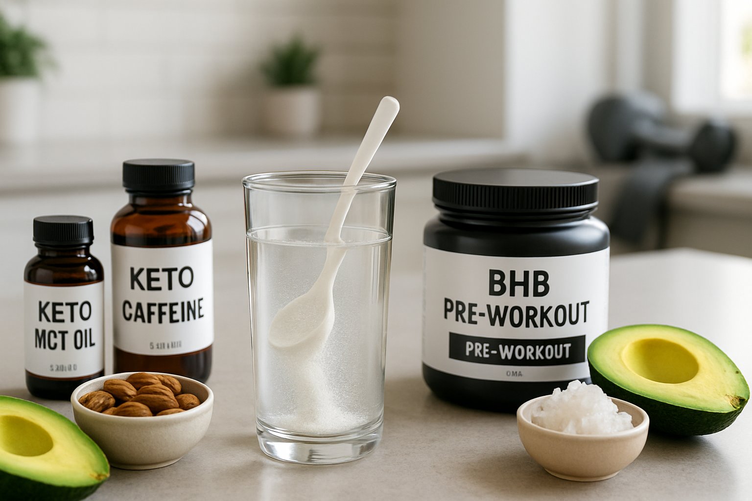 A kitchen countertop with keto pre-workout supplements, fresh keto ingredients, and a glass of water with powdered supplement dissolving, suggesting energy and fitness preparation.