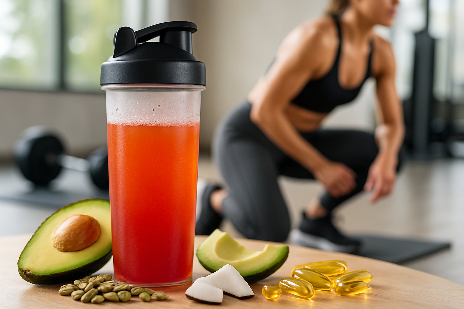 Close-up of a shaker bottle with a colorful supplement drink surrounded by natural ingredients and a fit person exercising in the background.