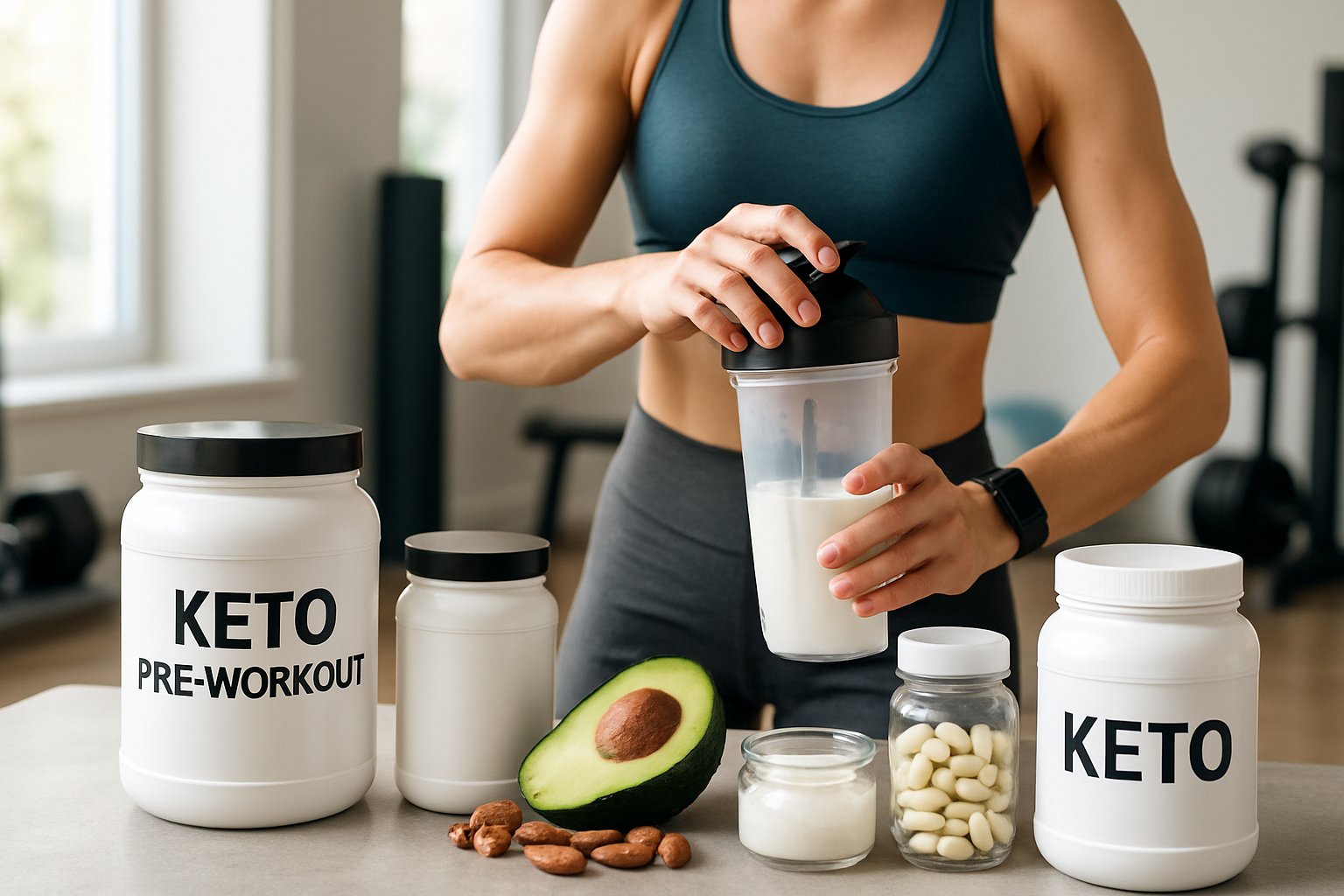 A person preparing a keto pre-workout shake next to containers of supplements and fresh keto ingredients on a gym countertop.