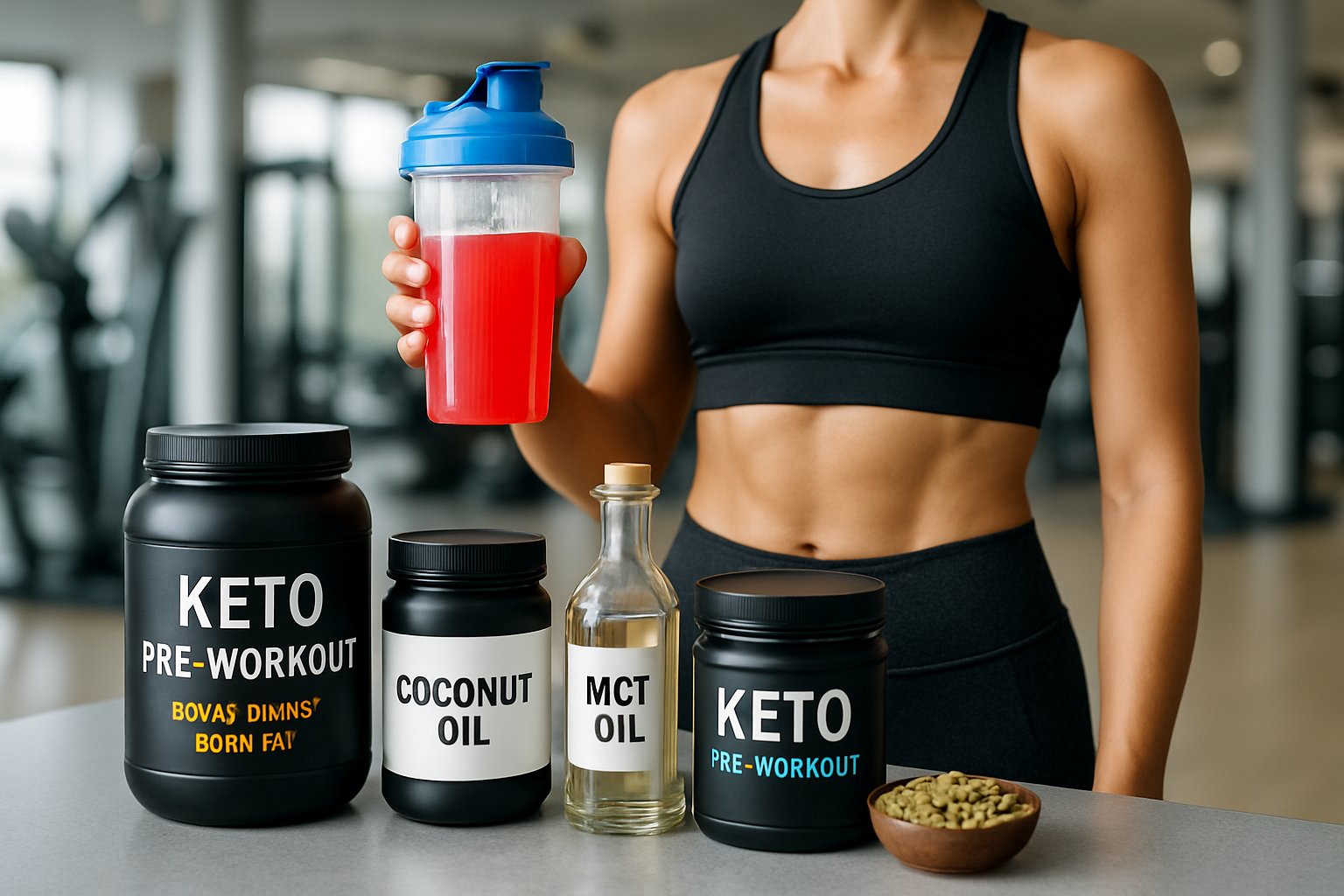 A fit person holding a shaker bottle with workout supplements in a gym setting, surrounded by keto supplement containers and ingredients.