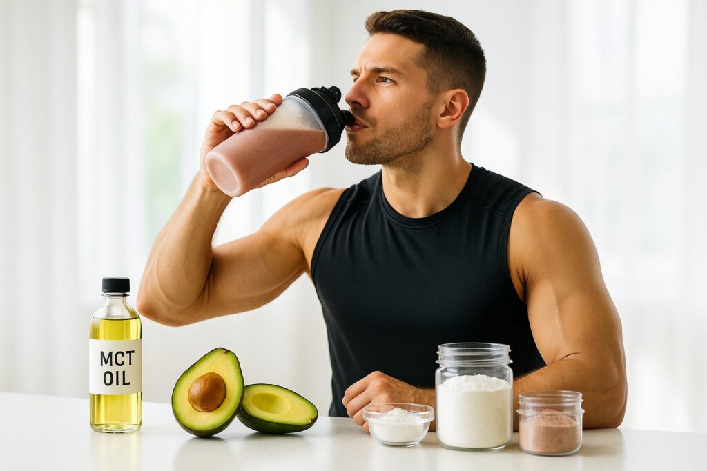 Athlete drinking pre-workout shake before gym session, surrounded by keto-friendly ingredients like MCT oil, avocado, and supplements — bright and motivational tone.
