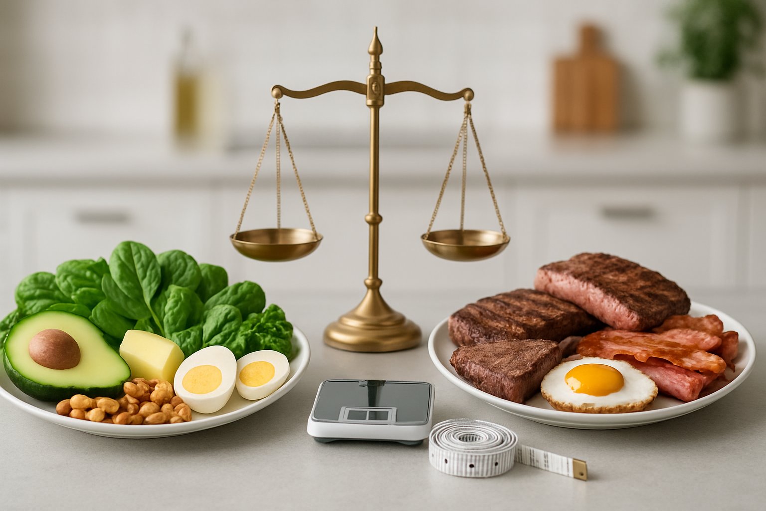 Two plates on a kitchen countertop showing keto-friendly foods on one side and carnivore diet foods on the other, with a scale between them.