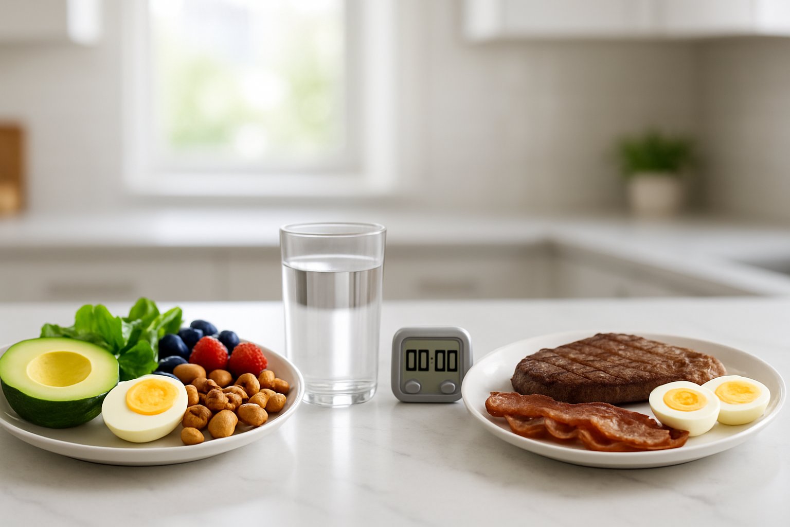 Two plates of food on a kitchen countertop, one with keto-friendly foods like avocado and nuts, the other with carnivore diet foods like steak and bacon, with a glass of water and a timer between them.