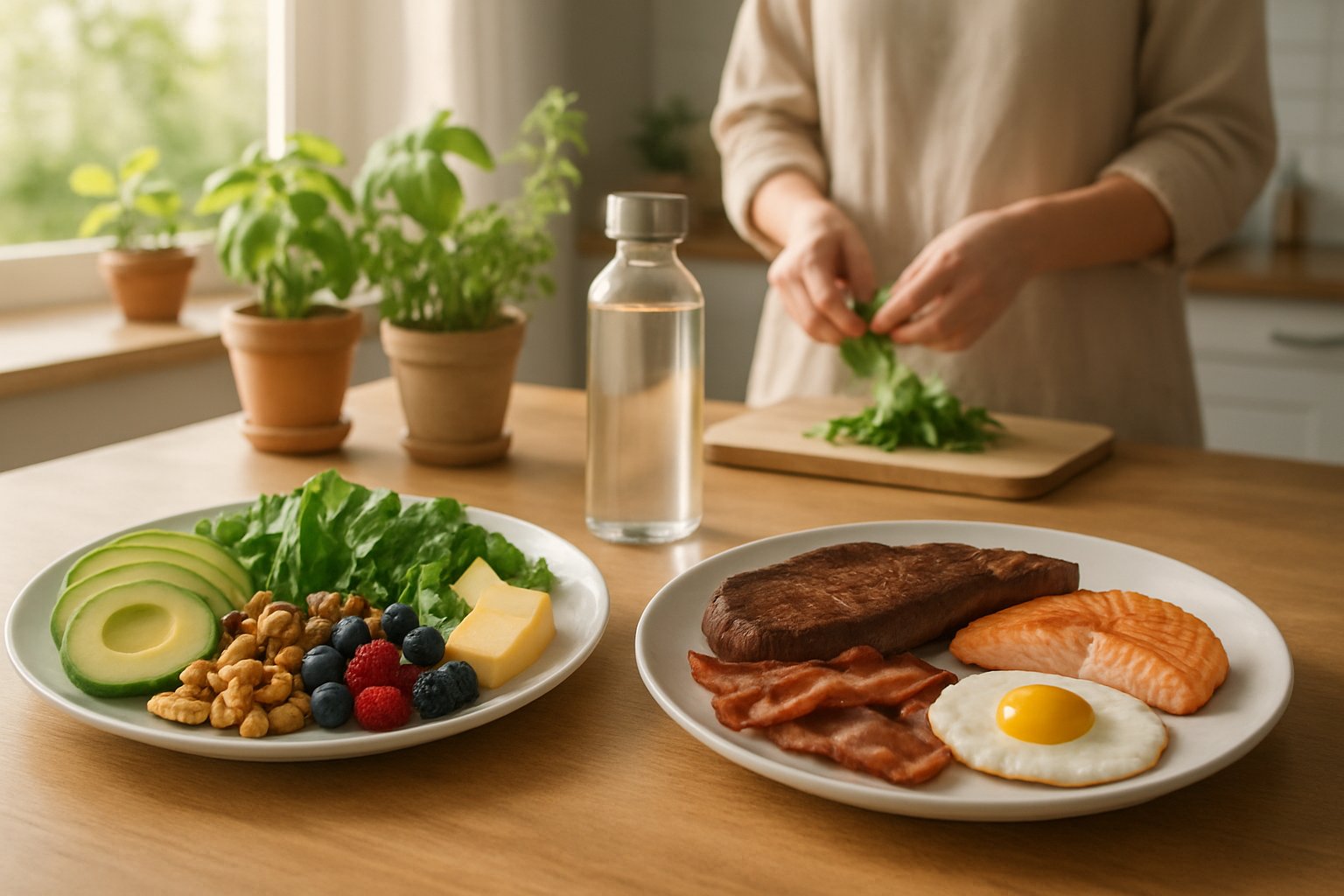 Two plates on a wooden table showing keto and carnivore diet foods in a bright kitchen with natural light and fresh herbs.