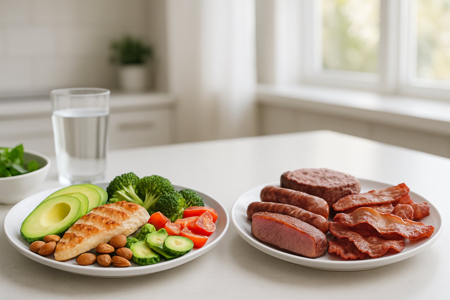 Two plates of food on a kitchen countertop, one with keto diet ingredients and the other with carnivore diet meats, with natural light in the background.