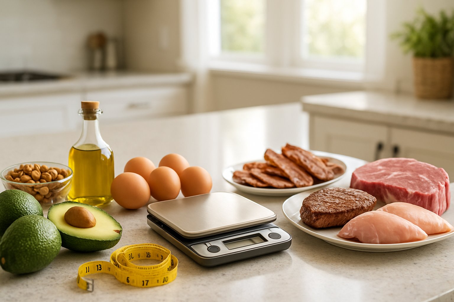 A kitchen countertop with keto foods like avocados and nuts on one side, carnivore foods like meats on the other, and a digital scale and measuring tape in the center.