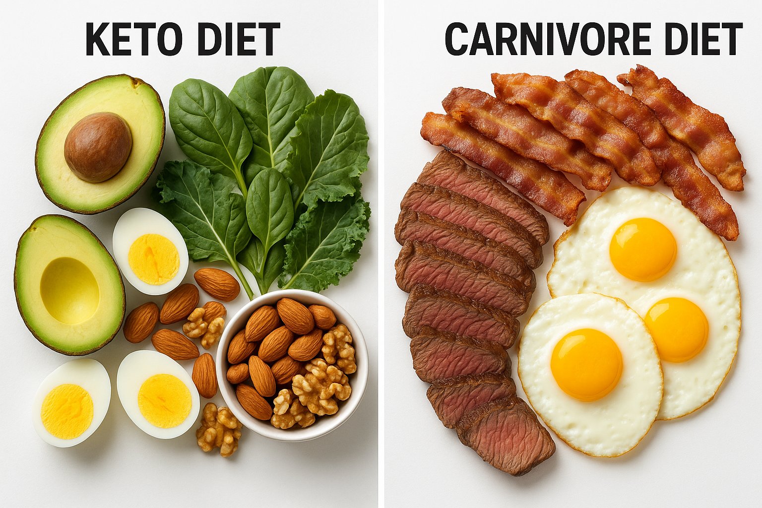 Split image of keto vs carnivore diet — keto side with avocado, eggs, nuts, and leafy greens; carnivore side with steak, bacon, and eggs — bright, balanced composition.