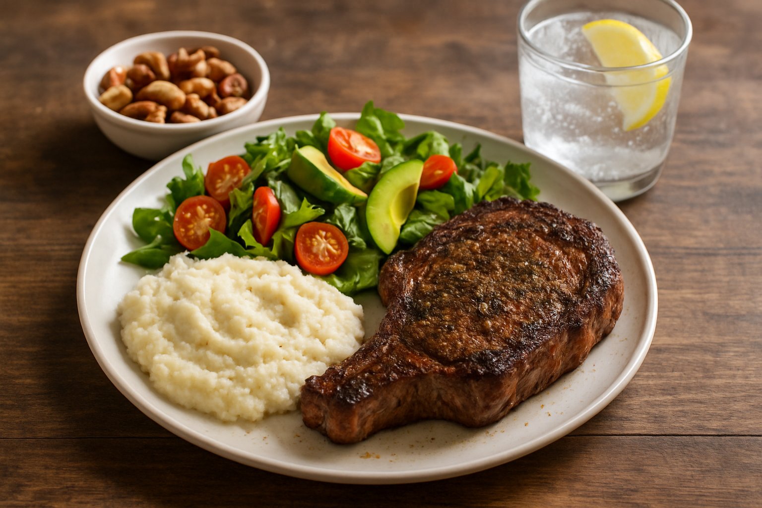 A keto-friendly cheat meal with grilled steak, mashed cauliflower, mixed green salad, nuts, and sparkling water on a wooden table.
