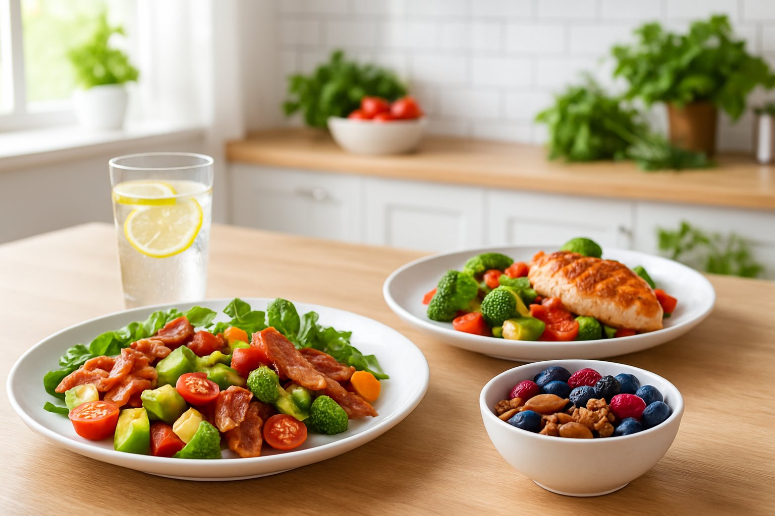 A kitchen table with plates of keto-friendly cheat meal foods including avocado salad, grilled chicken with vegetables, and a bowl of nuts and berries, with fresh ingredients and a glass of lemon water nearby.