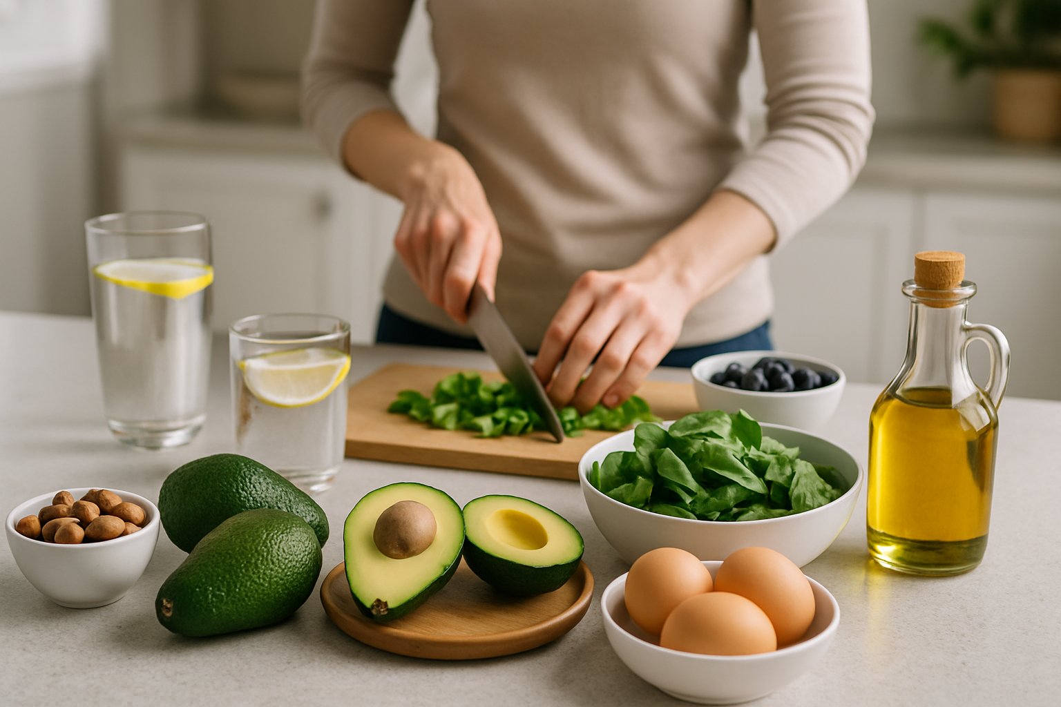 A person preparing a fresh keto meal on a kitchen countertop with healthy keto foods like avocados, eggs, and leafy greens.