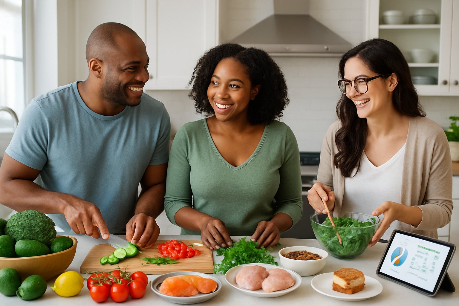 Three adults enjoy preparing a healthy keto cheat meal together in a modern kitchen with fresh vegetables, proteins, and a small cheat meal portion on the counter.