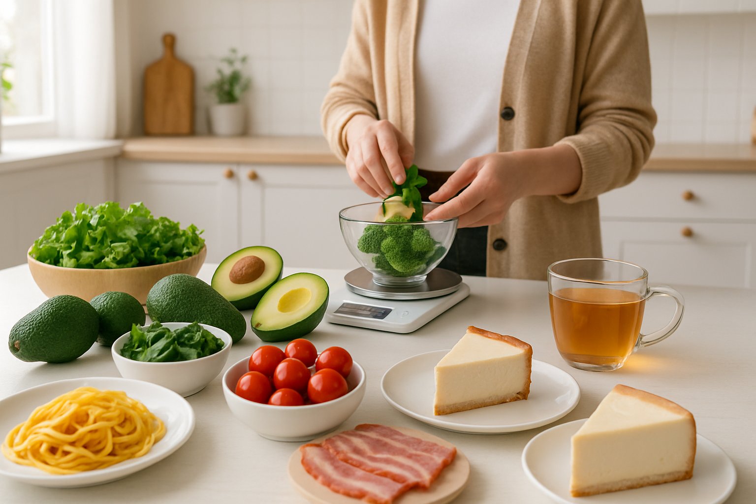 A person preparing a balanced meal in a kitchen with keto-friendly foods and a small portion of indulgent food on the counter.