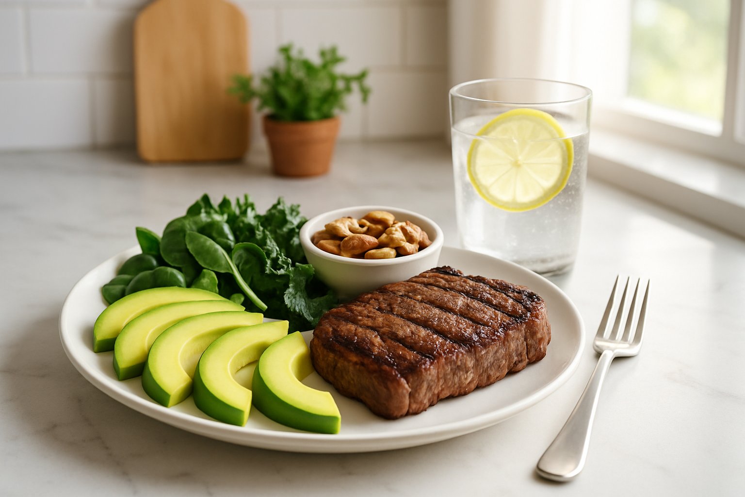 A keto-friendly cheat meal with grilled steak, avocado, nuts, and leafy greens on a table in a bright kitchen.