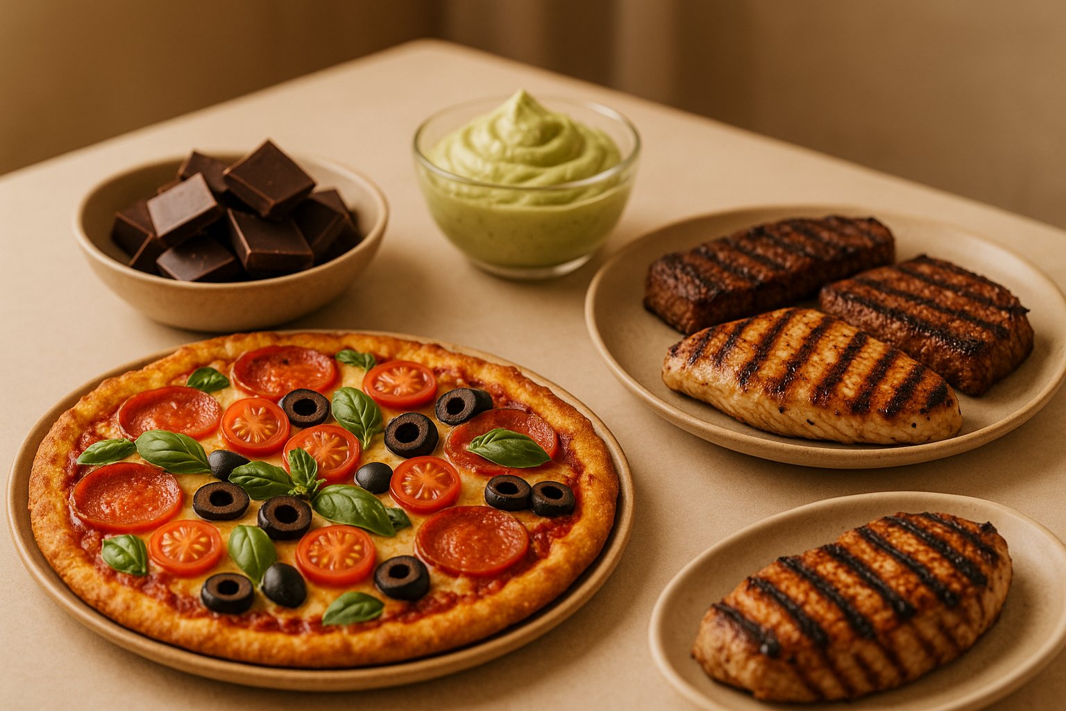 A delicious low-carb “cheat” spread: keto pizza, dark chocolate, avocado dessert, and grilled meats on a clean table — warm tones, cozy cheat-day vibe.