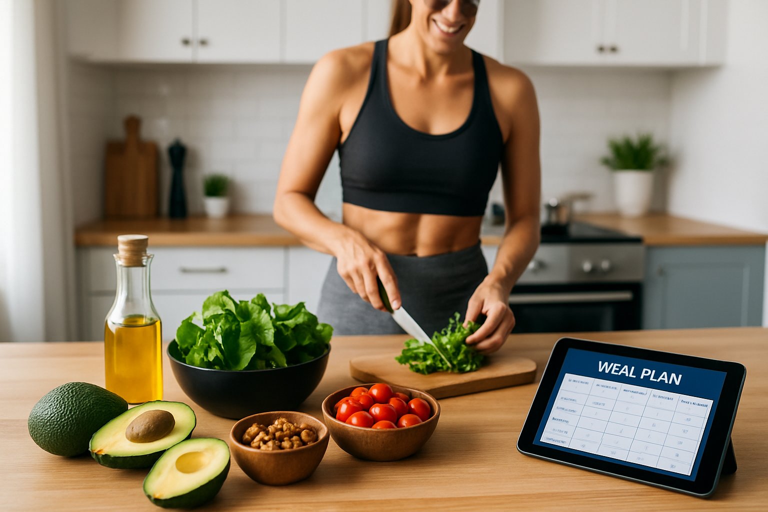 A person preparing a healthy meal with fresh vegetables and healthy fats on a kitchen countertop, with a digital device nearby displaying a meal plan.
