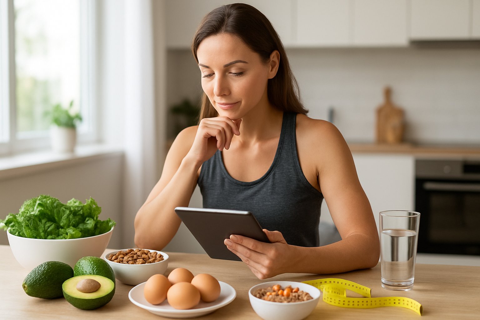A woman sitting at a kitchen table with healthy foods and a digital tablet, planning a balanced keto carb cycling diet.