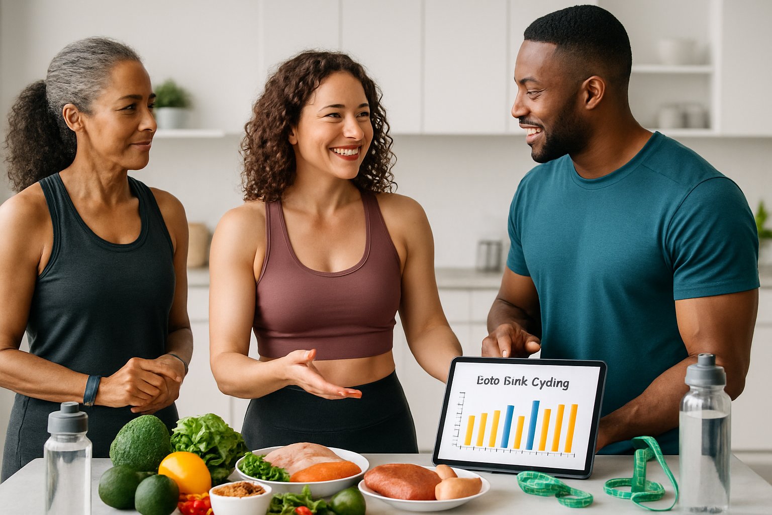 A group of fit adults preparing healthy meals with fresh vegetables and proteins in a modern kitchen, discussing a balanced diet plan.