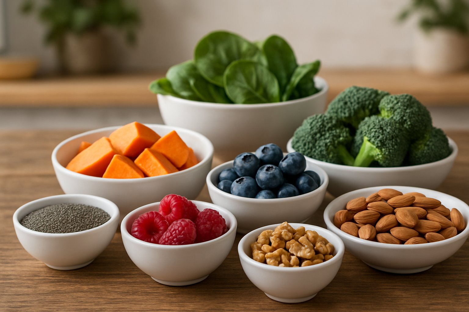 A table with bowls and plates of keto-friendly carbohydrate foods including sweet potatoes, berries, nuts, seeds, and green vegetables.