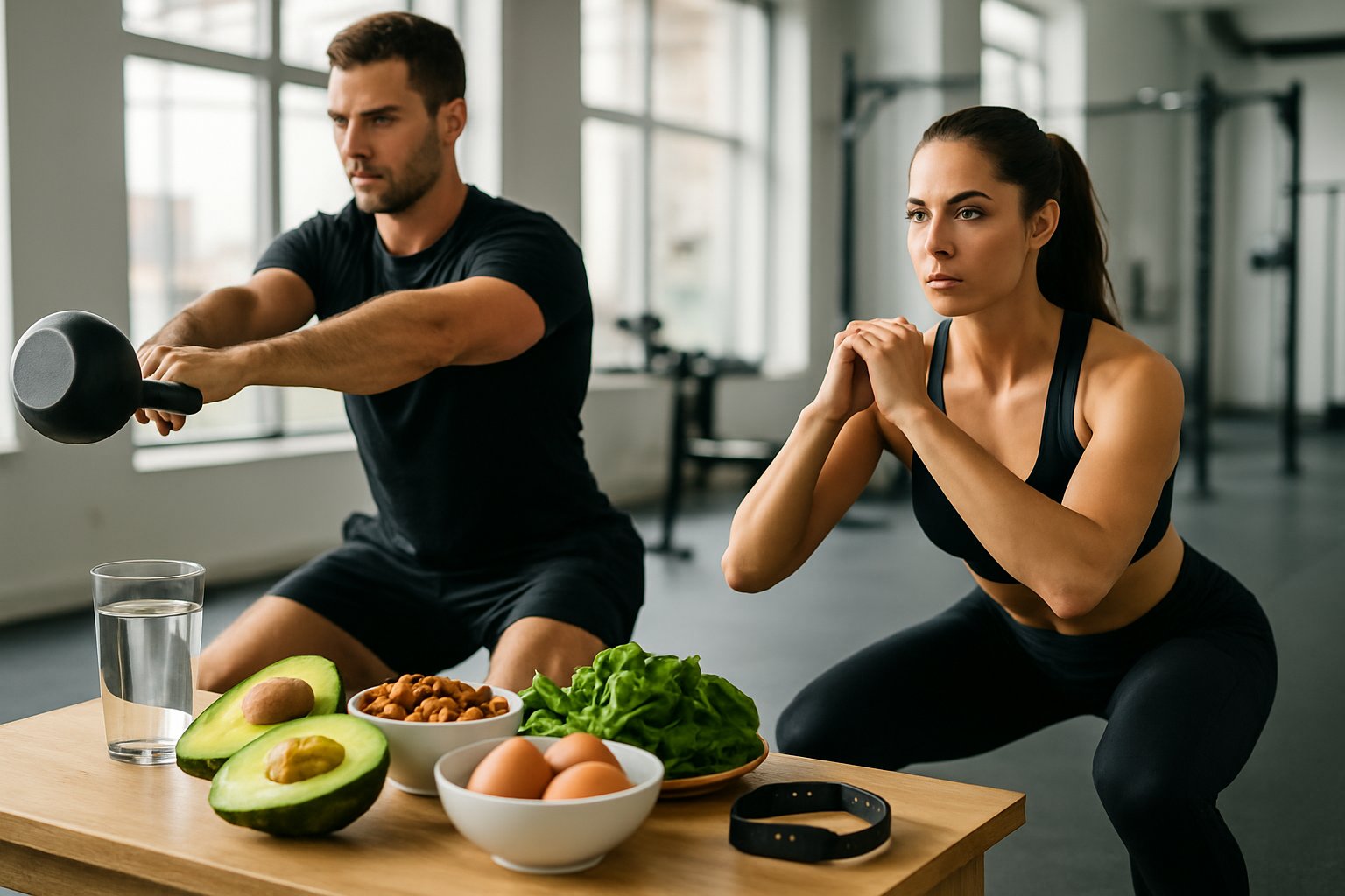 A man and woman exercising in a gym with keto-friendly foods displayed on a table nearby.