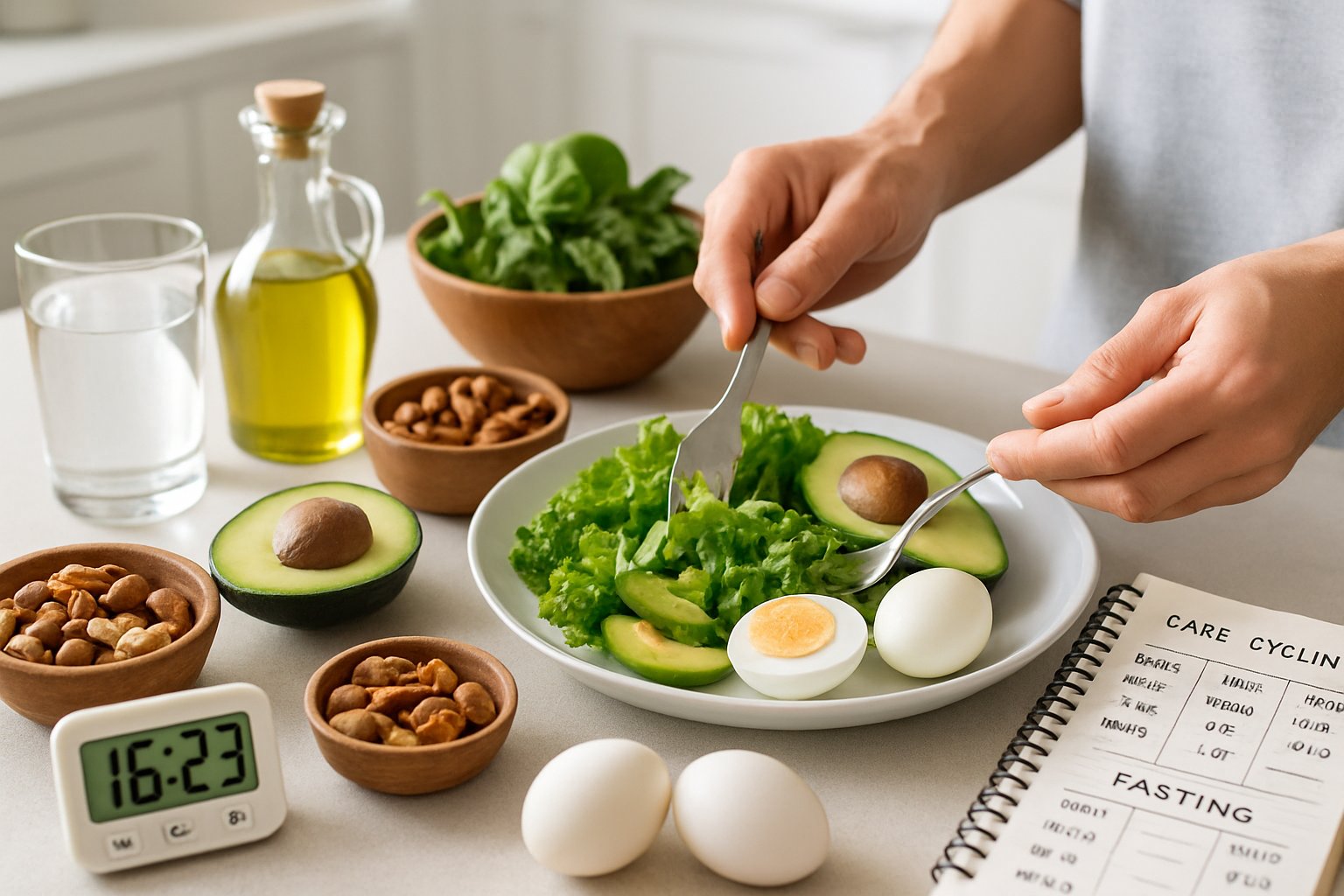 Hands preparing a healthy keto meal on a kitchen counter with fresh low-carb foods and a timer indicating fasting periods.