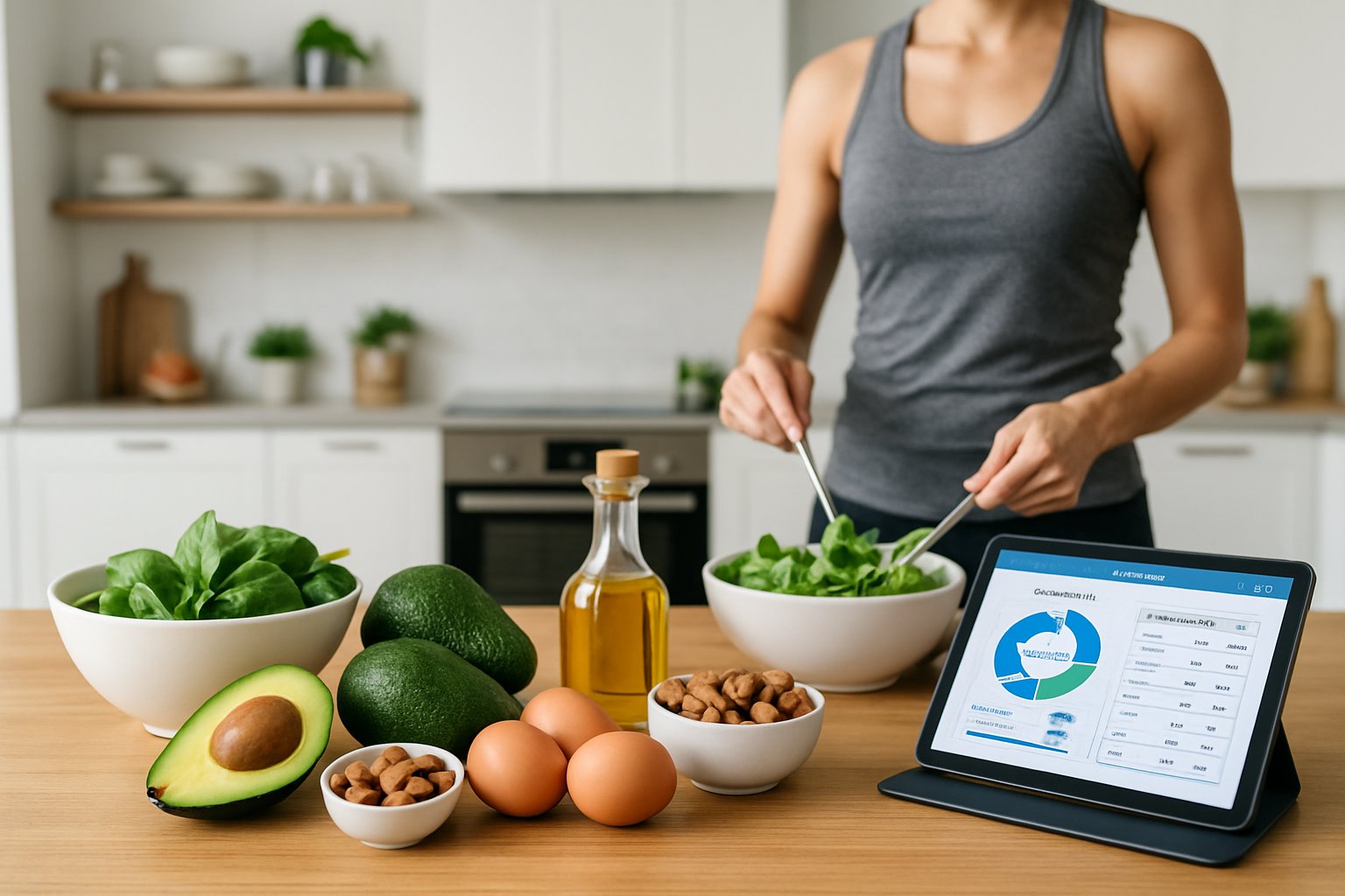 A person preparing a healthy meal in a bright kitchen with fresh keto-friendly foods and a digital tablet showing a meal plan on the table.