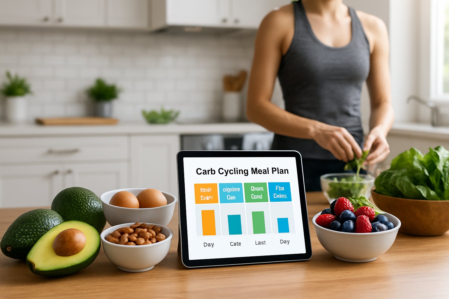 A kitchen table with fresh keto-friendly foods and a tablet showing a meal plan, with a person preparing food in the background.