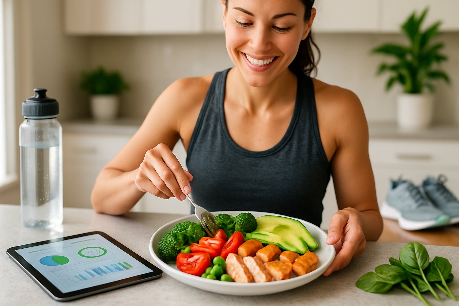A person preparing a healthy meal with vegetables and lean proteins in a bright kitchen, with a tablet showing a nutrition app nearby.