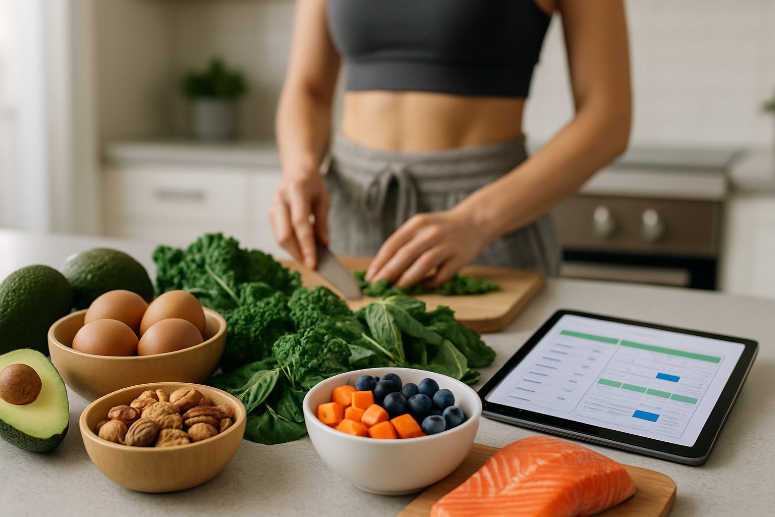 A kitchen countertop with keto-friendly foods and some carbohydrates, a digital device showing a meal plan, and a person preparing a healthy meal.
