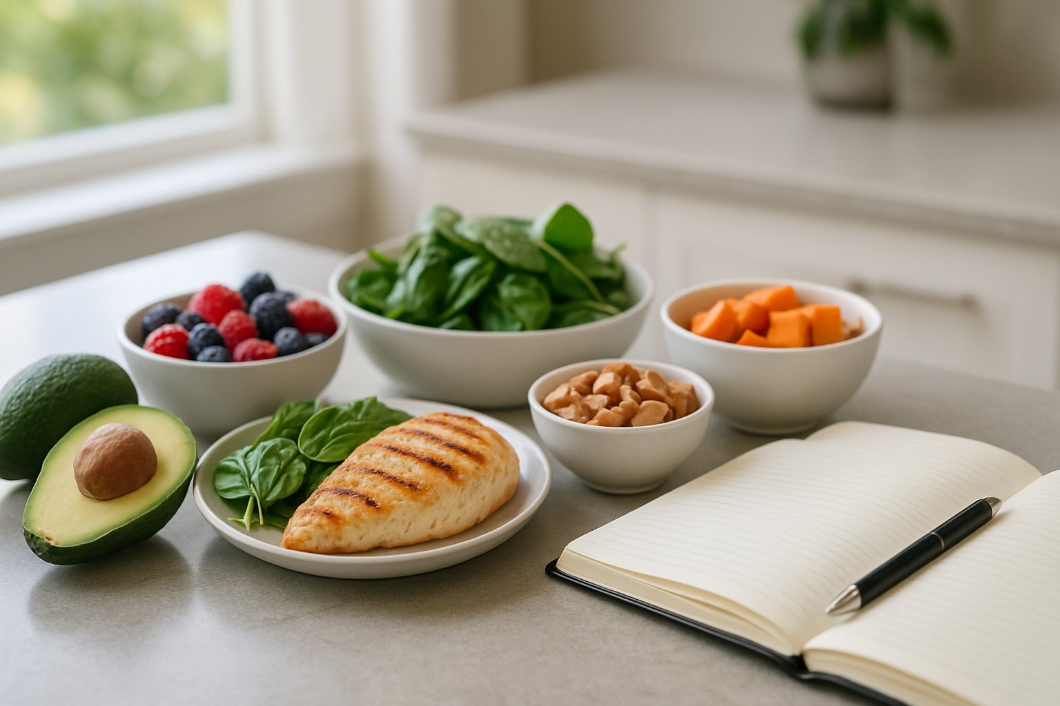 A kitchen countertop with fresh keto-friendly foods like avocados, berries, nuts, greens, grilled chicken, and sweet potatoes next to an open notebook and pen.