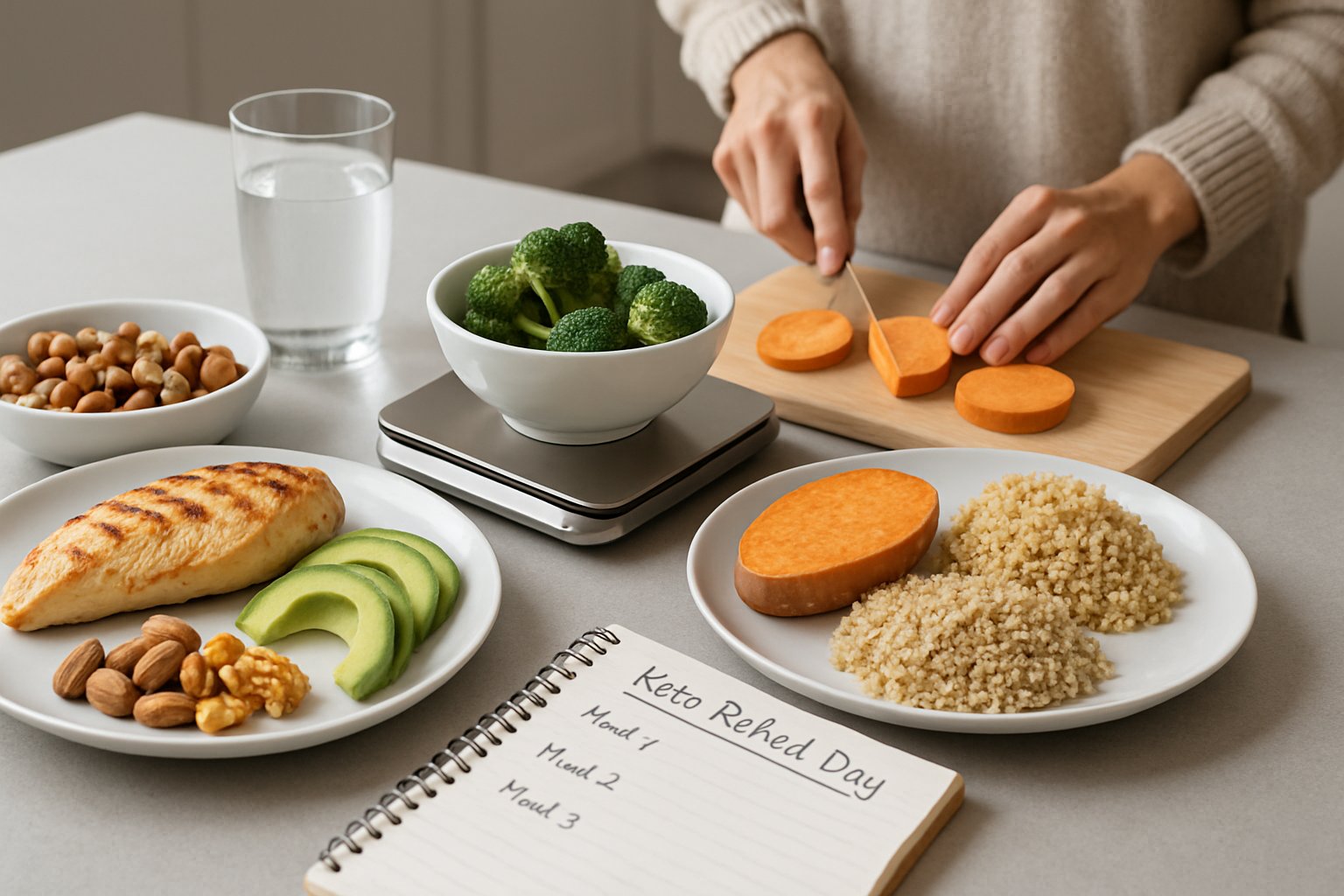 A kitchen countertop with fresh healthy foods, a digital scale, and a person preparing a meal.