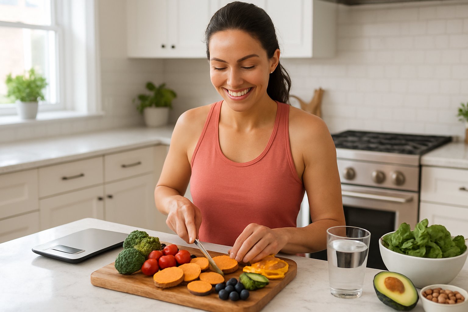 A woman preparing a healthy meal with colorful fruits and vegetables in a bright kitchen.