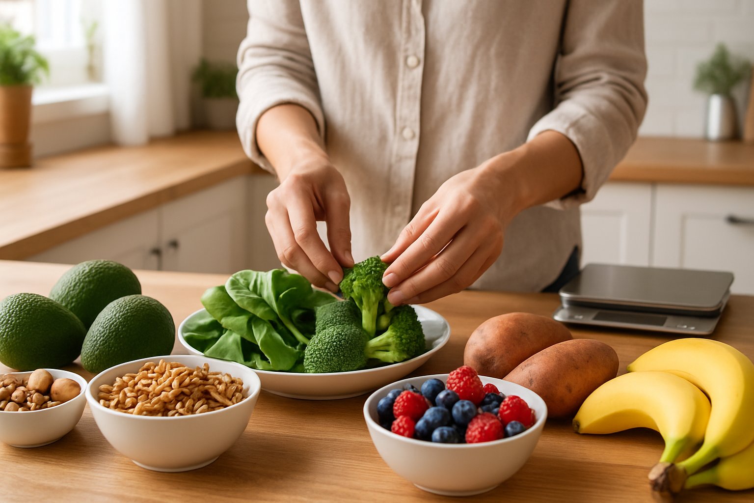 Hands arranging a variety of fresh keto and refeed day foods on a kitchen countertop with natural light.