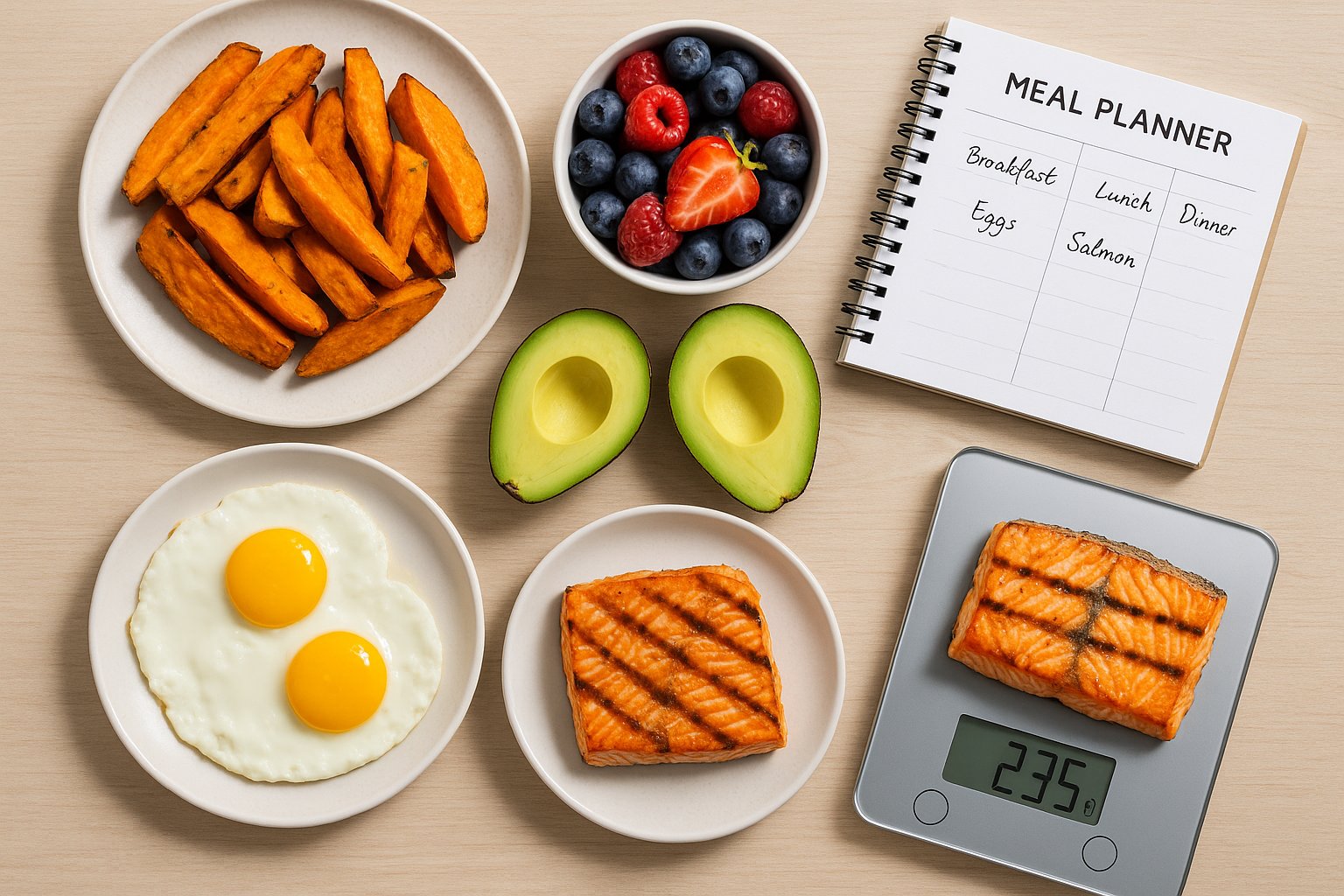 A flat-lay of keto-friendly refeed foods: sweet potatoes, berries, avocados, eggs, and grilled salmon with a meal planner and measuring scale on a kitchen table.