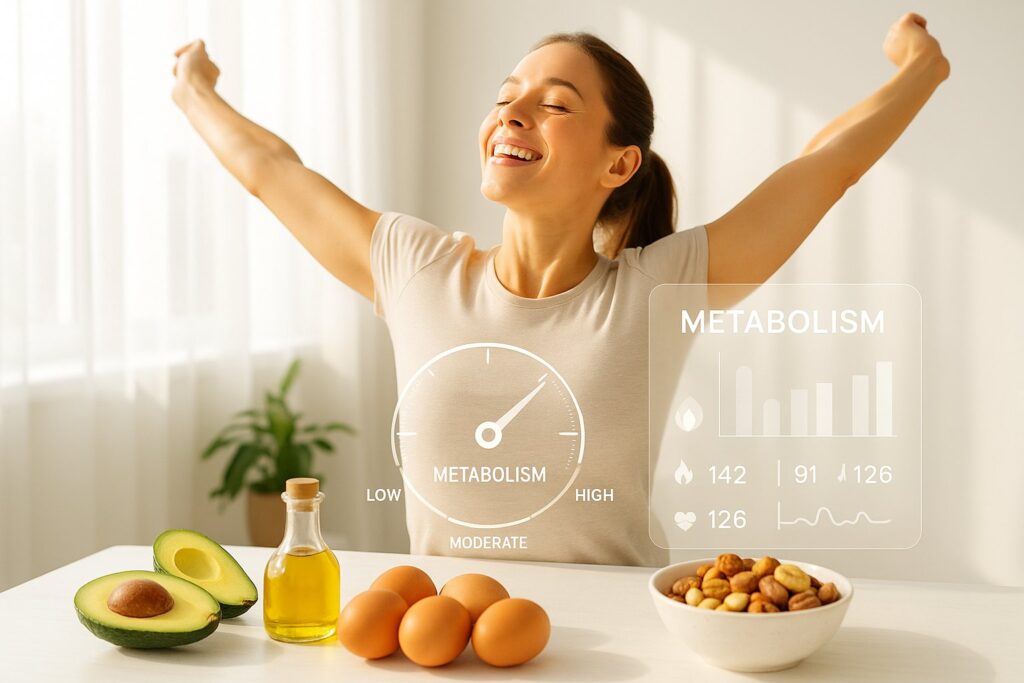 An energized person stretching in morning sunlight with healthy keto foods (avocado, eggs, nuts, olive oil) and a metabolism tracker graphic overlay. Bright, clean wellness aesthetic.