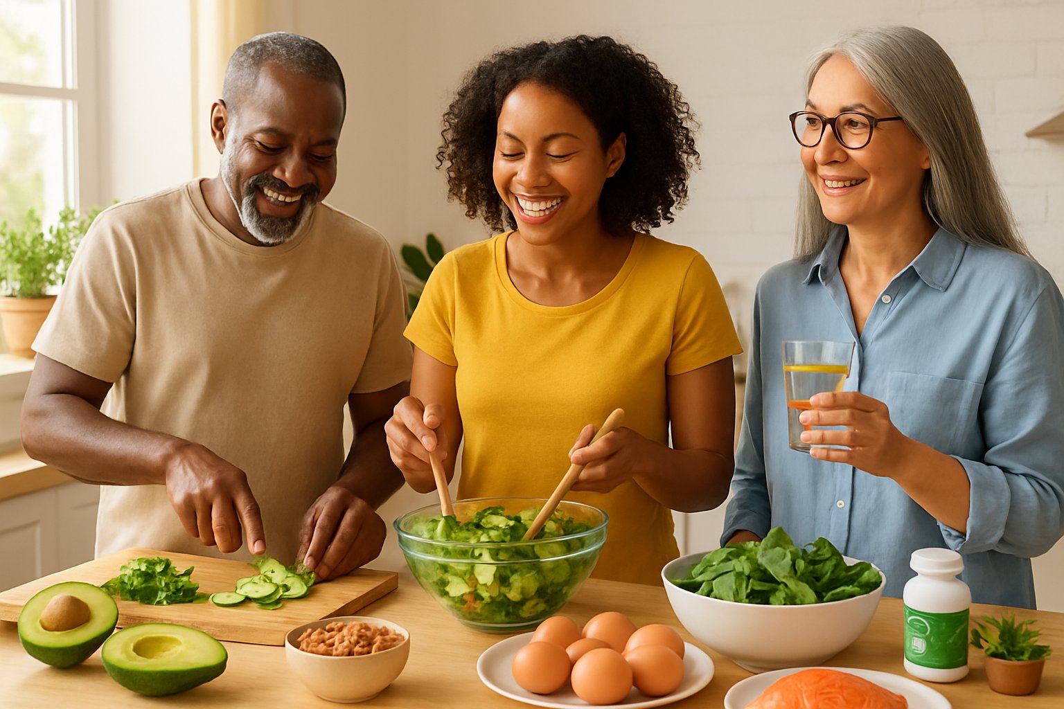 Three adults preparing a healthy meal with fresh vegetables, eggs, and salmon in a bright kitchen.