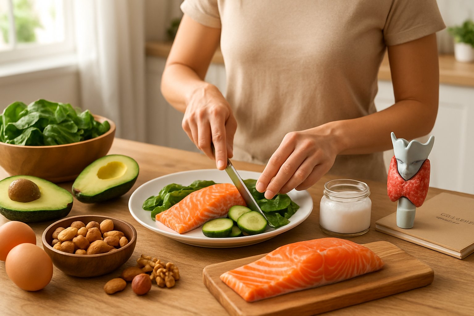 A person preparing a healthy keto meal with fresh vegetables, eggs, and salmon on a wooden table in a bright kitchen.
