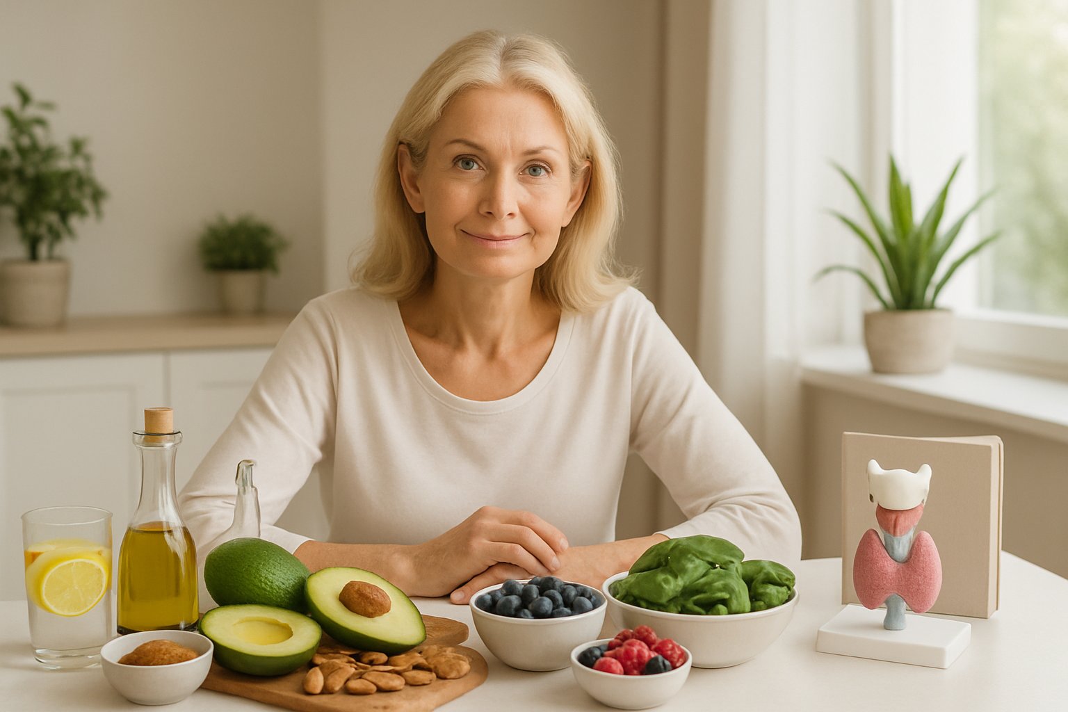 A middle-aged woman sitting at a kitchen counter with fresh keto-friendly foods like avocados, berries, and leafy greens, surrounded by natural light and wellness items. Explaining keto for thyroid health, how it support hormones.