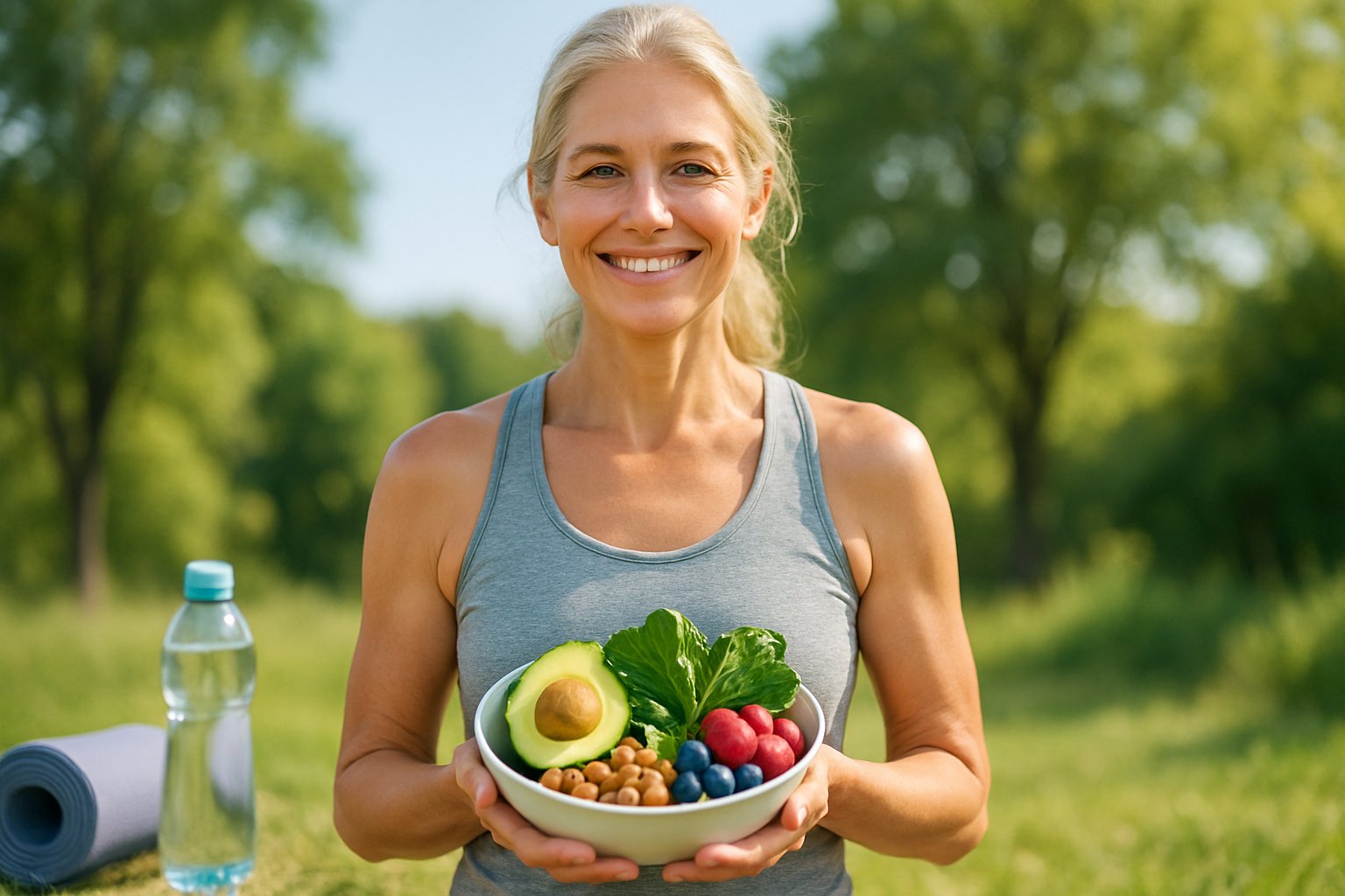 A smiling middle-aged woman outdoors holding a bowl of fresh keto-friendly foods with greenery and sunlight in the background.