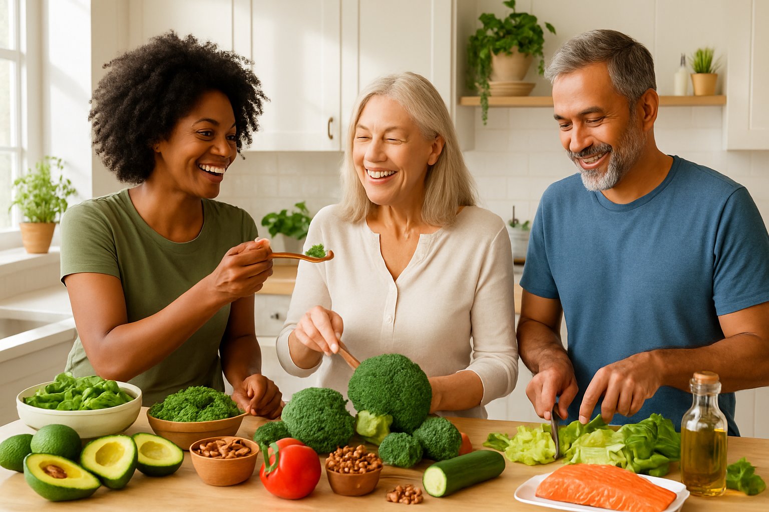 Three adults preparing a healthy meal together in a bright kitchen with fresh vegetables and fish on the counter.