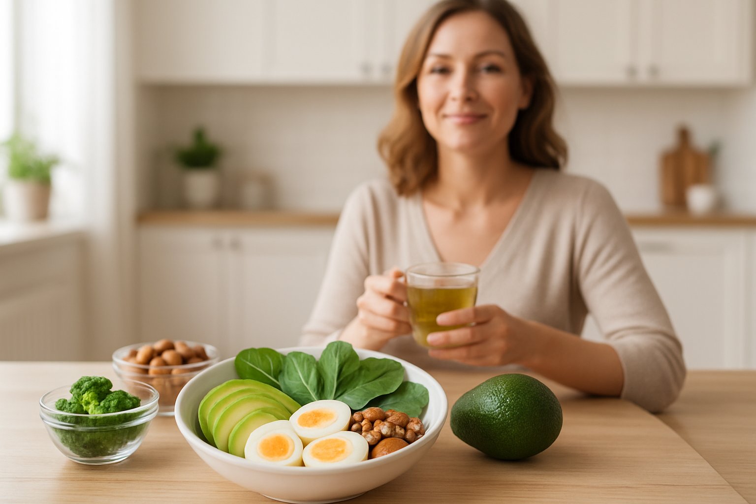 A woman holding a cup of tea in a bright kitchen with a table displaying avocado, boiled eggs, nuts, and leafy greens.
