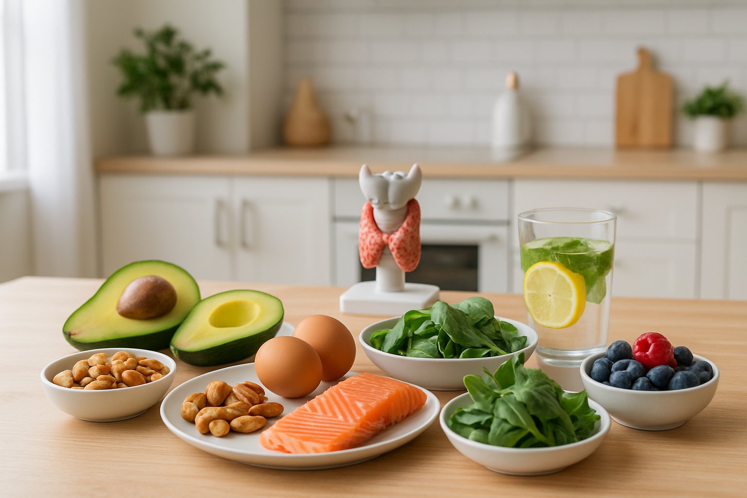 A bright kitchen table with fresh keto foods like avocados, eggs, nuts, leafy greens, and salmon, alongside a glass of lemon water and a small bowl of berries, with a thyroid gland model in the background.