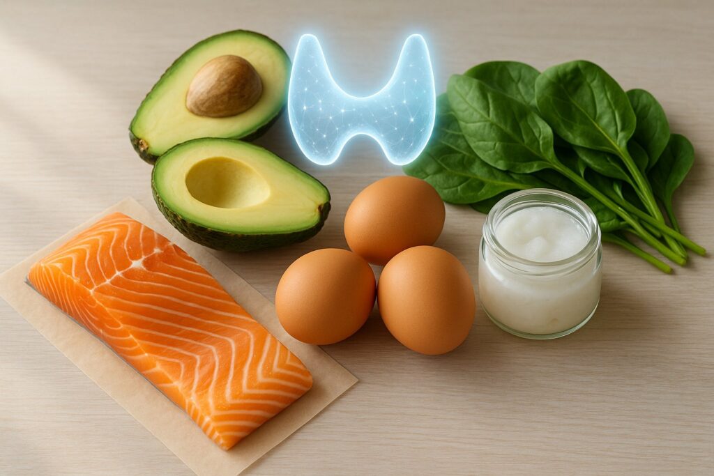 Flat lay of keto-friendly foods (salmon, eggs, avocado, spinach, coconut oil) with glowing thyroid gland illustration and natural lighting.