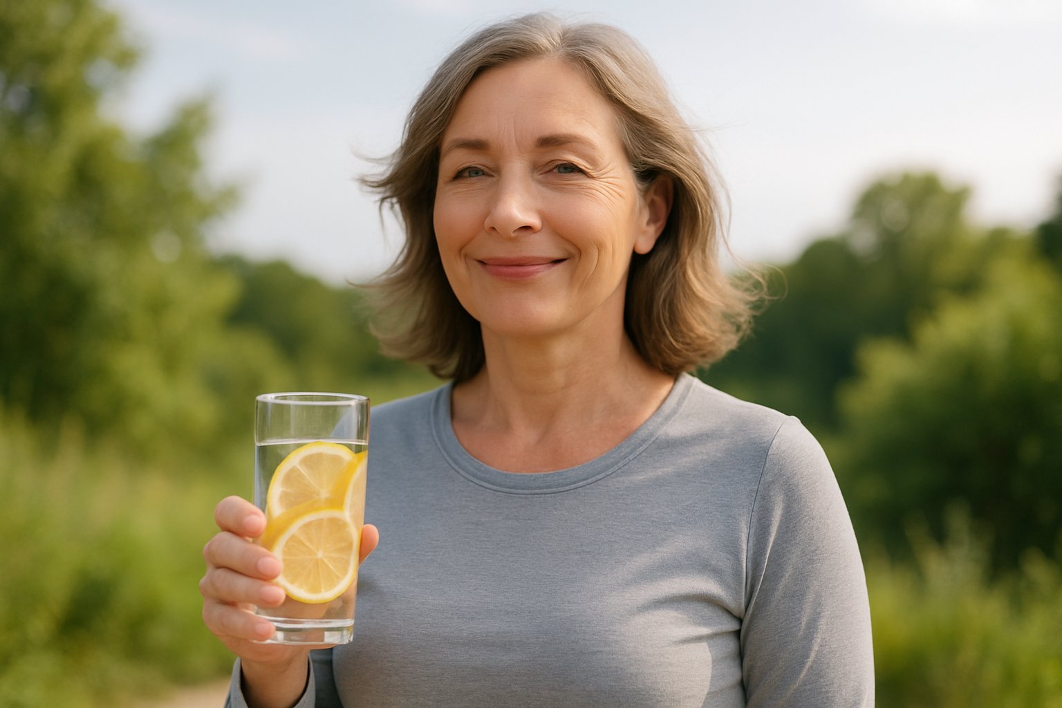 A middle-aged woman outdoors smiling and holding a glass of water, looking relaxed and healthy.