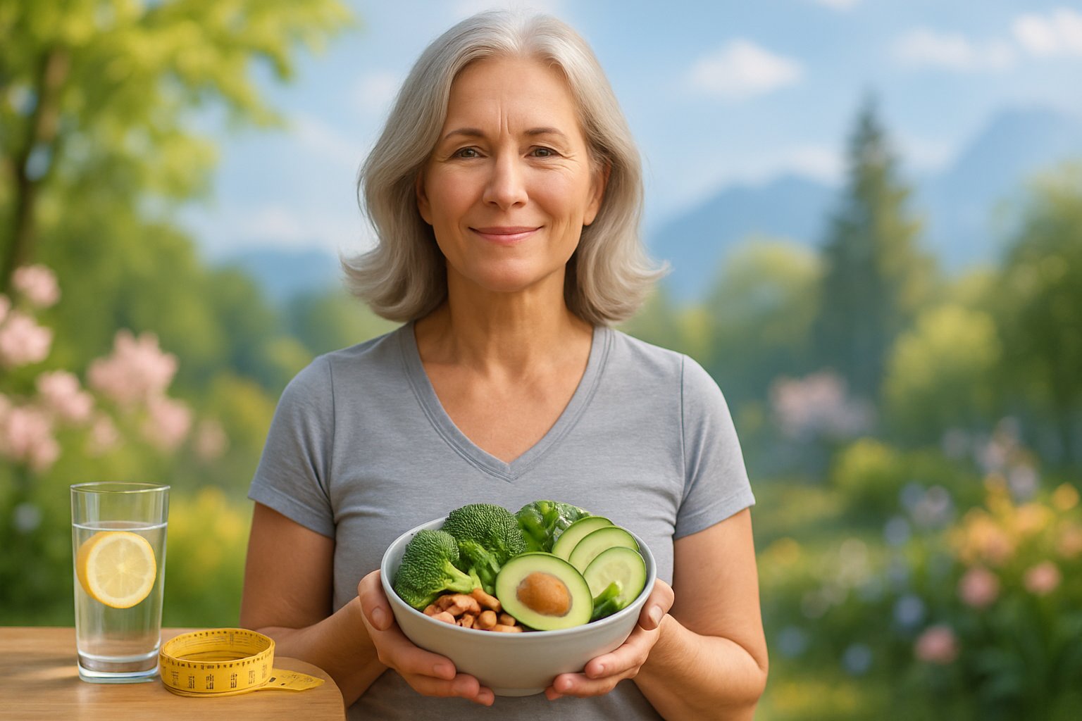 showing how keto for menopause supports women, a middle-aged woman outdoors smiling gently while holding a bowl of fresh vegetables and nuts, with a glass of water and measuring tape nearby.
